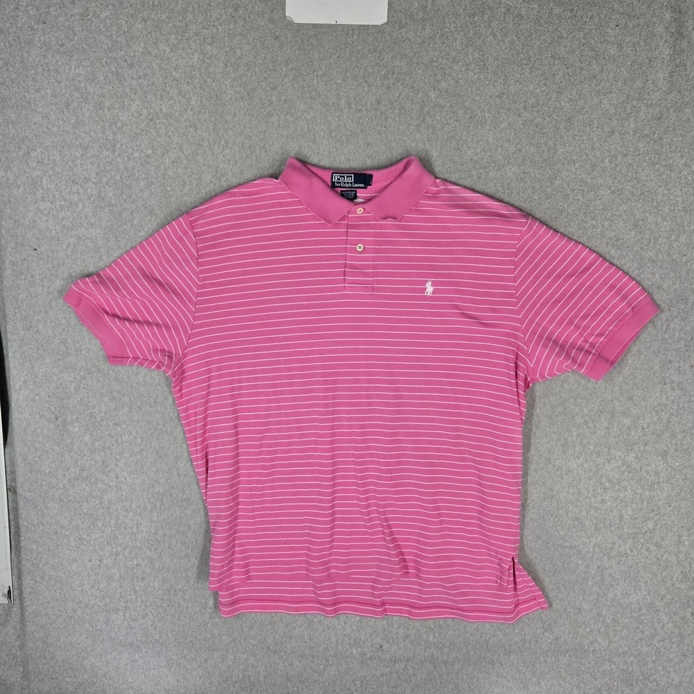 Polo By Ralph Lauren Men‎ Polo XL Pink Embroidered Striped Button Logo Pockets